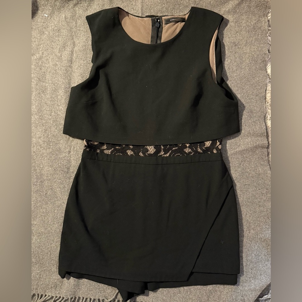 BCBGMaxAzria Black and Tan Dress with Mesh Detail
